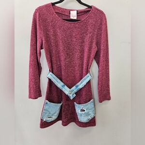 Burgundy Knit Top with Denim Details